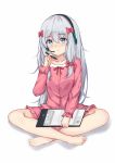  1girl bangs bantian_yindang barefoot blush bow closed_mouth collarbone eromanga_sensei eyebrows_visible_through_hair frills full_body hair_between_eyes hair_bow hand_up headphones headset highres indian_style izumi_sagiri long_hair long_sleeves looking_at_viewer pink_bow pink_shorts shadow shorts simple_background sitting solo stylus tablet white_background 