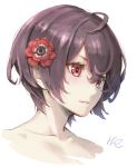  1girl ahoge bare_shoulders blush collarbone commentary dai_(eiji0417) face flower hair_flower hair_ornament highres looking_to_the_side original parted_lips portrait purple_hair red_eyes short_hair signature simple_background sketch solo white_background 