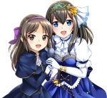  2girls black_hair blue_eyes brown_eyes brown_hair capelet elbow_gloves gloves highres idolmaster idolmaster_cinderella_girls jakelian long_hair looking_at_viewer microphone multiple_girls open_mouth sagisawa_fumika tachibana_arisu transparent_background 