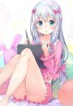  1girl :o blue_eyes blush bow eromanga_sensei hair_bow highres iromi_(a1vlmeta) izumi_sagiri long_hair looking_at_viewer low-tied_long_hair parted_lips pink_bow silver_hair sitting solo stuffed_animal stuffed_bunny stuffed_toy stylus tablet 