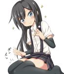  asashio_(kantai_collection) black_hair black_legwear black_skirt blue_eyes blush commentary_request elbow_sleeve eyebrows_visible_through_hair hair_between_eyes highres kantai_collection lap_pillow long_hair looking_at_viewer mimikaki no_shoes seiza shirt simple_background sitting skirt smile sparkle tamayan thigh-highs thighs wariza white_shirt zettai_ryouiki 