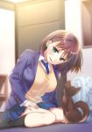  1girl ai-chan_(tawawa) bangs bed black_legwear blush bookshelf braid breasts brown_hair carpet cat doorway dress_shirt eyebrows_visible_through_hair getsuyoubi_no_tawawa green_eyes hand_on_own_thigh highres large_breasts looking_at_viewer nanase_meruchi necktie open_mouth school_uniform shirt short_hair side_braid sitting skirt smile smug socks solo sweater wariza 