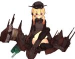  1girl black_eyes blonde_hair boots cannons convenient_leg full_body gurin33 hat kantai_collection knee_up long_hair mecha_musume peaked_cap prinz_eugen_(kantai_collection) simple_background sitting sketch solo thighs turret twintails white_background 