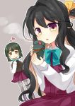  &gt;:o 2girls :&gt; :o black_hair boots bow bowtie brown_eyes cross-laced_footwear cup drum_(container) green_hair grey_background grey_legwear hair_ribbon heart kantai_collection long_sleeves looking_at_viewer multicolored multicolored_eyes multicolored_hair multiple_girls naganami_(kantai_collection) nagasioo pantyhose pink_hair ribbon school_uniform short_hair steam takanami_(kantai_collection) tray two-tone_hair violet_eyes yellow_eyes yunomi 