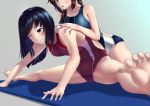  2girls :o arched_back arm arm_support back_cutout bare_arms bare_legs bare_shoulders barefoot black_eyes black_hair blue_swimsuit blush breasts brown_hair clenched_teeth collarbone competition_swimsuit covered_navel crying crying_with_eyes_open feet female girl_on_top gradient gradient_background grey_background hair_over_shoulder hand_on_another&#039;s_shoulder head_out_of_frame highres large_breasts leaning leaning_forward legs legs_apart long_hair low_ponytail matching_hair/eyes mattress medium_breasts multiple_girls one-piece_swimsuit one_eye_closed open_mouth original outstretched_leg parted_lips ponytail raised_eyebrows red_swimsuit shiny shiny_clothes shiny_hair shiny_skin sideboob sidelocks sitting soles spread_legs stretch swimsuit tears teeth tiptoes toes toumin wince yuri 