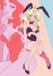  1girl animal_ears bangs bare_legs blonde_hair blue_eyes bokujoukun bow bowtie breast_hold breasts bunny_girl bunny_tail cleavage covered_navel detached_collar diana_cavendish fake_animal_ears green_hair hairband high_heels leotard little_witch_academia medium_breasts multicolored_hair multiple_views projected_inset protected_link rabbit_ears sitting smile swept_bangs tail two-tone_hair wrist_cuffs 