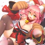  1girl animal_ears bell bell_collar black_legwear breasts caffeingan cleavage collar fangs fate/grand_order fate_(series) fox_ears fox_tail hair_ribbon highres large_breasts long_hair looking_at_viewer open_mouth paws pink_hair ribbon solo tail tamamo_(fate)_(all) tamamo_cat_(fate) thigh-highs yellow_eyes 