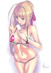  1girl ahoge artist_name bare_shoulders bikini blonde_hair breasts breasts_apart collarbone eyebrows_visible_through_hair fate/extra fate_(series) floral_print food green_eyes hair_ribbon highres large_breasts legs_together licking melting navel nenchi popsicle ribbon saber_extra skindentation standing swimsuit thigh_gap tongue tongue_out under_boob white_background 