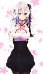  1girl alternate_costume blue_eyes commentary cosplay dagashi_kashi dress floral_background flower hair_flower hair_ornament hands_on_own_chest highres kantai_collection kashima_(kantai_collection) magai_akashi pantyhose shidare_hotaru shidare_hotaru_(cosplay) silver_hair solo twintails 
