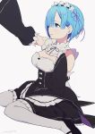  1girl blue_eyes blue_hair breasts cleavage collar commentary_request detached_collar detached_sleeves frilled_collar frilled_sleeves frills from_side hair_ornament hair_over_one_eye looking_to_the_side maid maid_headdress medium_breasts pantyhose re:zero_kara_hajimeru_isekai_seikatsu rem_(re:zero) ribbon short_hair simple_background sitting sohin solo wariza white_legwear x_hair_ornament 