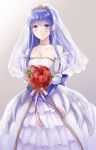  1girl bare_shoulders blue_eyes blue_hair bouquet bridal_veil bride dress elbow_gloves fire_emblem fire_emblem:_fuuin_no_tsurugi fire_emblem_heroes flower gloves jewelry lilina long_hair necklace smile solo strapless strapless_dress veil wedding_dress white_dress white_gloves wspread 