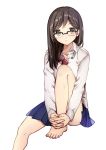  1girl barefoot black_eyes black_hair blue_skirt clarinet_(natsumi3230) commentary_request feet glasses hands_on_feet long_hair long_sleeves looking_at_viewer original school_uniform simple_background sitting skirt soles solo toes white_background 