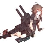  1girl ahoge arm_support black_gloves blurry braid brown_eyes brown_hair depth_of_field fingerless_gloves full_body gloves gurin33 hair_flaps kantai_collection knees light_smile looking_at_viewer rudder_shoes shigure_(kantai_collection) side_braid simple_background sketch socks solo torpedo_tubes turret white_background 