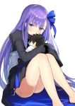  &gt;:o 1girl :o bangs bare_legs barefoot black_coat blue_eyes blue_ribbon blush character_doll eyebrows_visible_through_hair fate/extra fate/extra_ccc fate/grand_order fate_(series) fujimaru_ritsuka_(male) grey_background hair_ribbon highres juliet_sleeves knees_together_feet_apart long_hair long_sleeves looking_at_viewer meltlilith nanotaro object_hug open_mouth puffy_sleeves purple_hair ribbon simple_background sitting solo thighs 