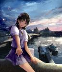  1girl :d black_hair boat bow building chef_no_kimagure_salad city clouds dusk hair_bow highres lavender_bow long_hair looking_at_viewer mountain open_mouth original outstretched_arm pleated_skirt river sailor_collar school_uniform skirt sky smile solo watercraft wind yellow_eyes 