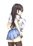  1girl absurdres bangs bantian_yindang black_legwear blouse blue_skirt blush brown_hair closed_mouth eyebrows_visible_through_hair from_side hair_tie highres long_hair mouth_hold original pleated_skirt profile school_uniform short_sleeves simple_background sketch skirt solo thigh-highs thighs uniform violet_eyes white_background white_blouse zettai_ryouiki 
