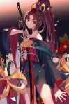  1girl absurdres black_kimono brown_eyes brown_hair dj.adonis hair_ornament hair_ribbon high_ponytail highres holding holding_sword holding_weapon japanese_clothes kimono kimono_skirt long_hair looking_at_viewer looking_back nail_polish obi off_shoulder onmyoji onmyouji red_flower red_nails red_ribbon ribbon sash solo standing sword very_long_hair weapon yaodao_ji 