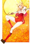  1girl absurdres animal_ears bangs blonde_hair fate/extra fate/extra_ccc fate/extra_ccc_fox_tail fate_(series) floral_background fox_ears highres holding holding_sword holding_weapon kneehighs loafers long_hair long_legs looking_to_the_side menea nontraditional_miko red_skirt saber_(fate/extra_ccc_fox_tail) shoes short_sleeves side_cutout skirt smile solo sword teeth weapon yellow_eyes 