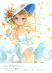  1girl absurdres bare_shoulders blonde_hair blue_eyes breasts cleavage closed_mouth dress eyebrows flower fuumi_(radial_engine) hair_flower hair_ornament hand_on_headwear hat hat_flower highres light_smile long_hair looking_at_viewer medium_breasts navel original out-of-frame_censoring scan solo straw_hat sundress white_dress wrist_cuffs 