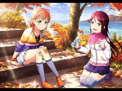  2girls bandaid bandaid_on_knee bangs blue_sky blush brown_eyes collarbone day kneehighs leaf long_hair looking_at_another love_live! love_live!_school_idol_festival love_live!_sunshine!! mountain multiple_girls ocean official_art open_mouth orange_hair outdoors pleated_skirt polka_dot_skirt red_eyes redhead sakurauchi_riko shoes short_hair sitting skirt sky smile sneakers stairs sweatshirt takami_chika tears thigh-highs tree zettai_ryouiki 