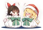  /\/\/\ blonde_hair blush bow braid brown_hair commentary_request hair_bow hakurei_reimu hat kirisame_marisa looking_at_another o_o piyokichi red_bow red_eyes red_hat santa_hat short_hair single_braid tagme touhou translation_request 