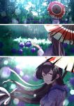  1girl alternate_costume black_hair blush breasts bush ear_visible_through_hair eyebrows_visible_through_hair flower fusou_(kantai_collection) hair_between_eyes hair_ornament hairband holding holding_umbrella japanese_clothes kantai_collection kimono long_hair long_sleeves looking_at_viewer low-tied_long_hair oriental_umbrella rain red_eyes remodel_(kantai_collection) shaded_face shadow smile solo tachikoma_(mousou_teikoku) tree umbrella wide_sleeves 