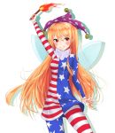  1girl american_flag_dress american_flag_legwear blonde_hair blush breasts clownpiece contrapposto dress fairy fairy_wings fur-trimmed_sleeves fur_trim grin hat highres honi jester_cap long_hair long_sleeves neck_ruff pantyhose red_eyes short_dress small_breasts smile solo torch touhou touhou_sangetsusei very_long_hair wings 