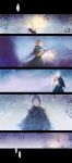  2boys blue_eyes cloak comic fabri fur_trim highres lantern multiple_boys original pixiv_fantasia pixiv_fantasia_fallen_kings tent translation_request 