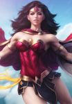  1girl armlet biceps black_hair blue_eyes blue_sky cape clouds dc_comics earrings highres jewelry lasso lens_flare looking_at_viewer outstretched_arms parted_lips realistic shield skirt sky solo stanley_lau strapless tiara toned wonder_woman wonder_woman_(series) 