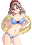  1girl ahoge bangs bare_shoulders bikini blue_bikini bow bow_bikini breasts brown_eyes brown_hair cleavage closed_mouth contrapposto eyebrows_visible_through_hair head_tilt highres holding looking_at_viewer masao medium_breasts medium_hair navel original parted_bangs red_bow shawl simple_background smile solo standing stomach swimsuit tareme thighs white_background 
