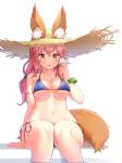  1girl animal_ears arm_at_side bangs bare_arms bare_legs bare_shoulders bikini blue_bikini bracelet breasts brown_eyes brown_hat cleavage collarbone ears_through_headwear eyebrows_visible_through_hair fate/extra fate_(series) food foreshortening fox_ears fox_tail hair_tie hat highres holding holding_food ice_cream ice_cream_cone jewelry long_hair looking_at_viewer low-tied_long_hair low_ponytail medium_breasts melting narynn orange_ribbon pink_hair ribbon shiny shiny_skin side-tie_bikini simple_background soaking_feet solo straw_hat string_bikini swimsuit tail tamamo_(fate)_(all) tamamo_no_mae_(swimsuit_lancer)_(fate) tsurime water water_drop white_background 