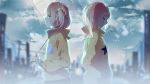  2girls blush closed_eyes highres holding holding_umbrella looking_at_another looking_away looking_down multiple_girls original pink_hair rain raincoat short_hair umbrella yellow_eyes zhibuji_loom 