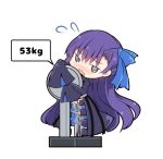  1girl @_@ beni_shake blue_bow blue_ribbon blush bow chibi embarrassed eyebrows_visible_through_hair fate/grand_order fate_(series) hair_bow long_hair looking_at_viewer meltlilith open_mouth purple_hair ribbon solo speech_bubble weighing_scale weight 