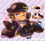  &gt;:) &gt;_o 1boy animal bare_chest bead_bracelet beads beard blue_background blush bracelet bracer brown_hair character_request chibi clothed_animal collarbone commentary_request earrings facial_hair facial_scar flipped_hair full_body gold_trim grin hat heart horizontal_stripes index_finger_raised jewelry looking_at_viewer magatama magatama_necklace male_focus marshmallow_mille nose_scar one_eye_closed ookuninushi_(p&amp;d) open_clothes pink_background puzzle_&amp;_dragons rabbit scar sharp_teeth short_hair smile solo striped striped_background teeth twitter_username two-tone_background violet_eyes white_pupils 