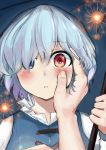 1girl blue_eyes blue_hair blush commentary_request face fireworks hair_over_one_eye hand_on_another&#039;s_face hands heterochromia highres karakasa_obake long_sleeves looking_at_viewer miyahara_gouto open_mouth pov protected_link red_eyes reflective_eyes shirt short_hair solo_focus tatara_kogasa touhou umbrella upper_body vest 