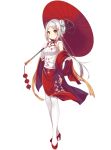  1girl blush chongqing_(zhan_jian_shao_nyu) double_bun dress embroidery floral_print gloves hair_ornament high_heels holding holding_umbrella kazucha lantern looking_at_viewer red_dress red_shoes shoes sleeveless smile standing thigh-highs tied_hair umbrella vest white_gloves white_hair white_legwear white_vest yellow_eyes zhan_jian_shao_nyu 