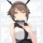  1girl background_text bangs bare_arms blue_background breasts brown_hair character_name closed_mouth collar collarbone green_eyes hand_on_own_chest headgear jewelry kantai_collection large_breasts looking_at_viewer mutsu_(kantai_collection) ring rokuwata_tomoe short_hair smile solo upper_body wedding_band 