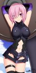  1girl armpits arms_behind_head bare_shoulders black_legwear black_leotard black_skirt blue_sky blush breasts clouds commentary_request contrapposto cowboy_shot dated day elbow_gloves eyebrows_visible_through_hair eyes_visible_through_hair fate/grand_order fate_(series) gloves groin hair_over_one_eye holding holding_shield leotard looking_at_viewer medium_breasts navel pink_hair ppshex purple_gloves shield shielder_(fate/grand_order) shiny shiny_skin short_hair signature skirt sky solo standing stomach thigh-highs thigh_gap thigh_strap violet_eyes 