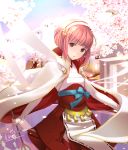  1girl blue_ribbon blurry brown_eyes cape cherry_blossoms commentary_request day depth_of_field eyebrows_visible_through_hair fire_emblem fire_emblem_if hairband head_tilt highres holding holding_staff japanese_clothes kero_sweet looking_at_viewer outdoors parted_lips petals pink_hair ribbon ribbon_trim sakura_(fire_emblem_if) short_hair sidelocks signature solo staff tree white_cape wind 