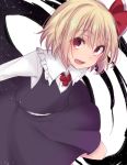  1girl :d asa_(coco) bangs black_skirt black_vest blonde_hair blush darkness dress_shirt fang hair_ribbon looking_at_viewer neck_ribbon open_mouth outstretched_arms red_eyes red_ribbon ribbon rumia shirt short_hair skirt skirt_set smile solo spread_arms touhou vest white_shirt 
