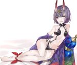  1girl ankle_ribbon bangs barefoot black_ribbon blush bottle breasts collarbone eyebrows_visible_through_hair fangs fate/grand_order fate_(series) foreshortening headpiece highres looking_at_viewer lying navel nipples on_side oni_horns parted_lips purple_hair revealing_clothes ribbon short_hair shuten_douji_(fate/grand_order) silver_(chenwen) small_breasts smile solo thick_eyebrows violet_eyes 