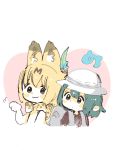  2girls absurdres animal_ears backpack bag blonde_hair blush_stickers bow bowtie brown_eyes feathers hat heart highres kaban_(kemono_friends) kemono_friends multiple_girls paw_pose serval_(kemono_friends) simple_background sketch ts_(dksg4) upper_body white_background 