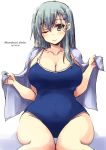  1girl aqua_eyes aqua_hair breasts cleavage competition_school_swimsuit dated hair_ornament hairclip kantai_collection large_breasts long_hair looking_at_viewer one_eye_closed shinshin sitting smile solo suzuya_(kantai_collection) swimsuit towel 