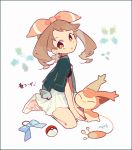  1girl :o auko between_legs border bored bow bow_removed brown_eyes brown_hair earrings full_body hair_ribbon hand_between_legs haruka_(pokemon) jacket jacket_on_shoulders jewelry long_hair open_mouth pleated_skirt poke_ball pokemon pokemon_(creature) pokemon_(game) ribbon shoes signature simple_background sitting skirt skitty sneakers solo symbol-shaped_pupils text white_background 