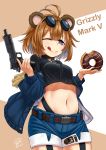 :p absurdres animal_ears brown_hair doughnut food girls_frontline glasses_on_head grizzly_mkv grizzly_mkv_(girls_frontline) gun handgun highres jacket jpc navel one_eye_closed pistol short_hair shorts sunglasses tongue tongue_out trigger_discipline weapon younger 