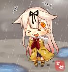  &gt;_&lt; 1girl :3 artist_name black_ribbon black_skirt blonde_hair closed_eyes commentary_request gradient_hair hair_flaps hair_ornament hair_ribbon hairclip kantai_collection long_hair long_sleeves multicolored_hair neckerchief open_mouth pleated_skirt puddle rain raincoat red_neckerchief remodel_(kantai_collection) ribbon skirt smile solo taisa_(kari) wet wet_hair yellow_coat yuudachi_(kantai_collection) 