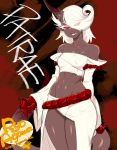  1girl agawa_ryou artist_name bare_shoulders borrowed_character character_name claws commentary dark_skin grin hair_over_one_eye horn monster_girl navel original red_eyes red_sclera sharp_teeth smile solo tail teeth watermark web_address white_hair 