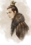  1boy brown_background brown_eyes brown_hair fur_trim graphite_(medium) highres ko_hokoryoku lin_shu looking_to_the_side male_focus nirvana_in_fire portrait solo topknot traditional_media 