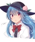  &gt;:( 1girl =3 asa_(coco) black_hat blue_hair blush bow bowtie closed_mouth dress_shirt food fruit hair_between_eyes hat hinanawi_tenshi leaf long_hair looking_at_viewer peach red_bow red_bowtie red_eyes shirt solo touhou upper_body white_shirt 