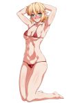  1girl alternate_costume armpits arms_behind_head arms_up bangs bare_arms bare_legs bare_shoulders barefoot bikini blonde_hair blush breasts closed_mouth collarbone frown full_body green_eyes groin highres kneeling looking_at_viewer medium_breasts mizuhashi_parsee navel nose_blush ootsuki_wataru pointy_ears red_bikini short_hair simple_background solo stomach swimsuit touhou wavy_mouth white_background 